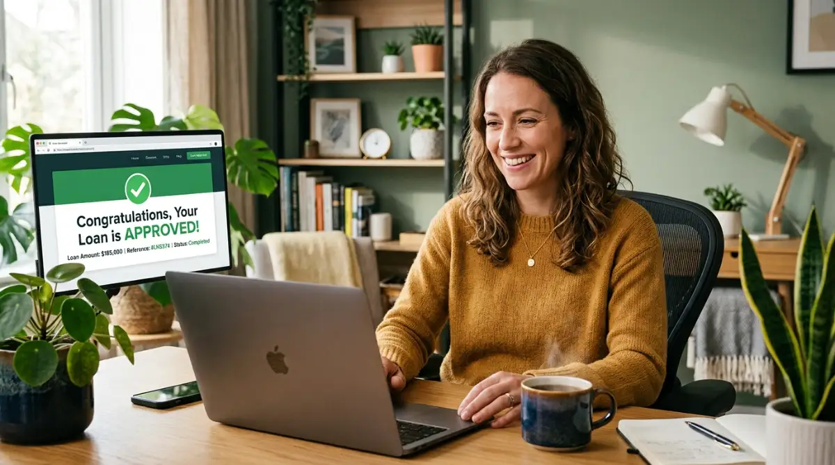 A person smiling at a laptop screen showing a loan approval page with a green checkmark. Confident and relaxed in a modern home office, representing successful qualification for a signature loan.
