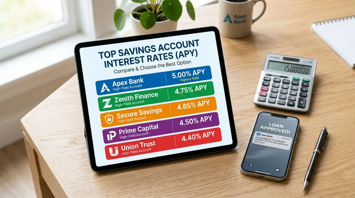 Comparison chart of five bank logos with interest rates on a tablet screen, showing no collateral personal loan options, with a pen, calculator, and smartphone on a wooden desk.