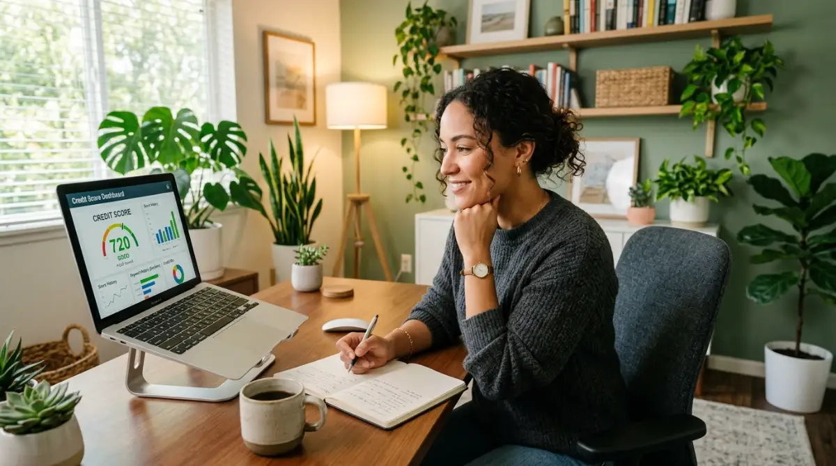 A person smiling while looking at a loan approval notification on a laptop,