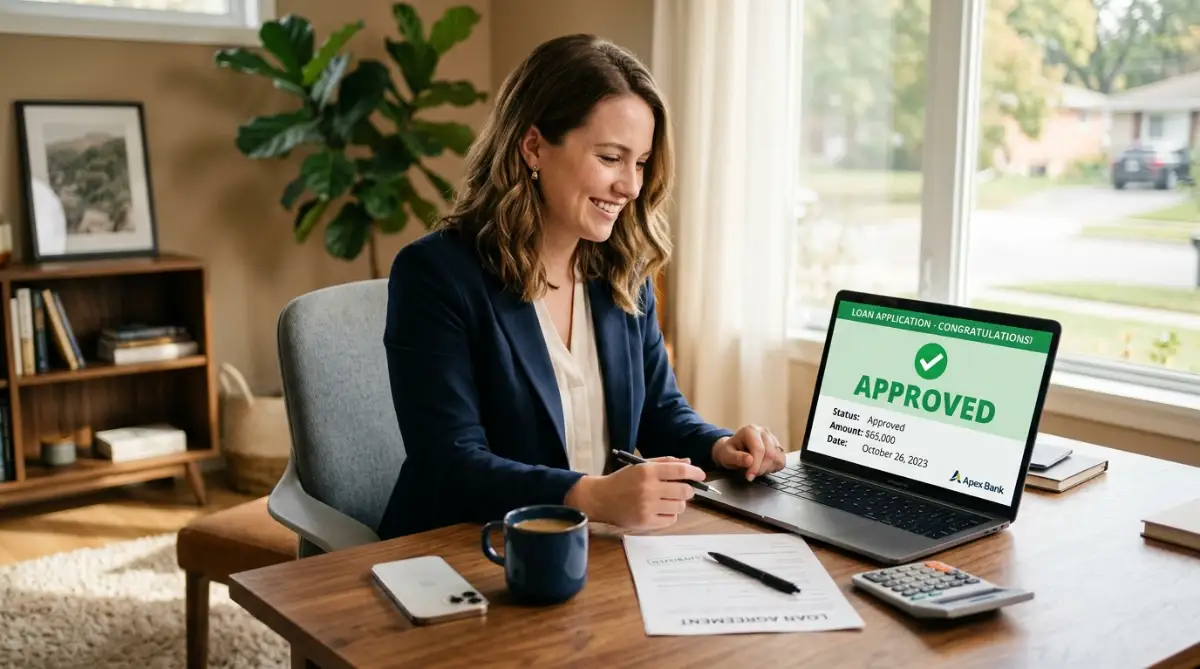 A confident professional smiling while viewing a loan approval on a laptop in a bright home office, with coffee and calculator on the desk.