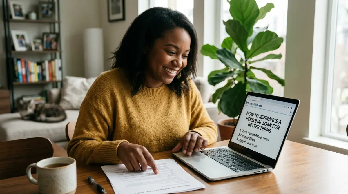 A person smiling while reviewing a loan refinance document on a laptop, showing how to refinance a personal loan for better terms