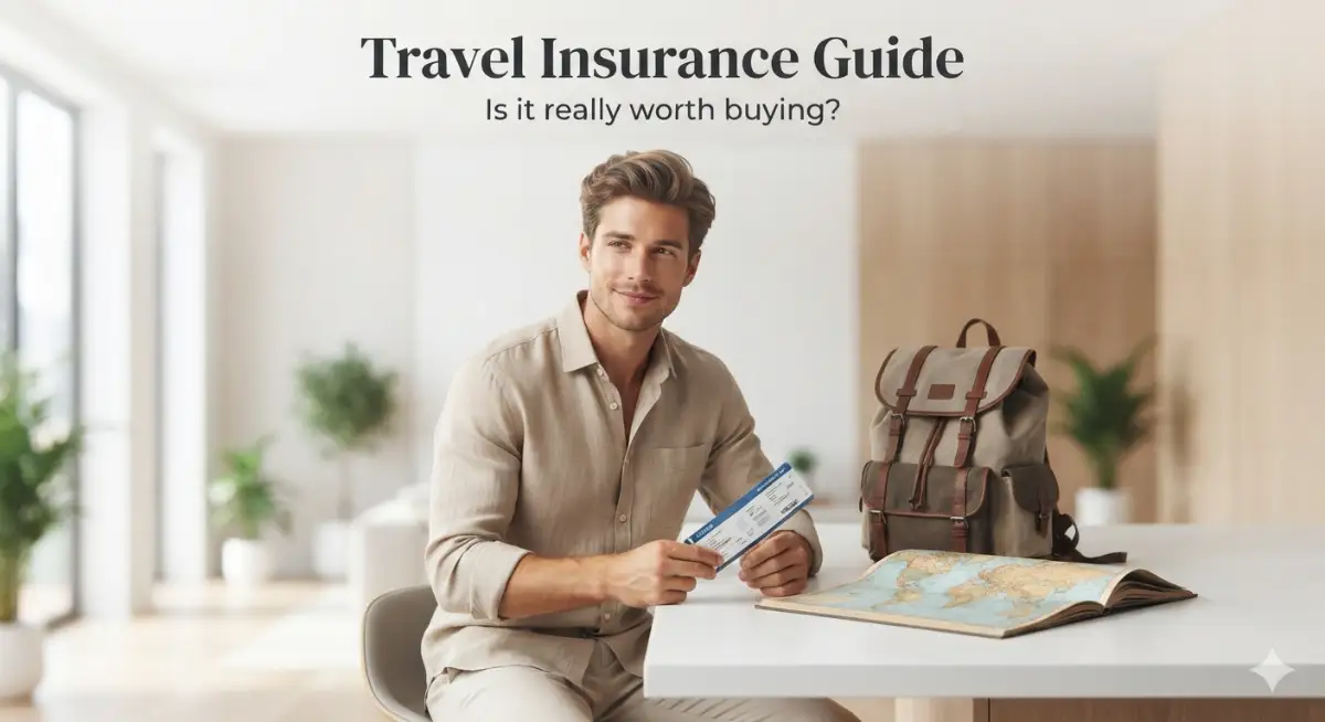 A smart young male traveler holding his boarding pass while reviewing his travel insurance policy options online.