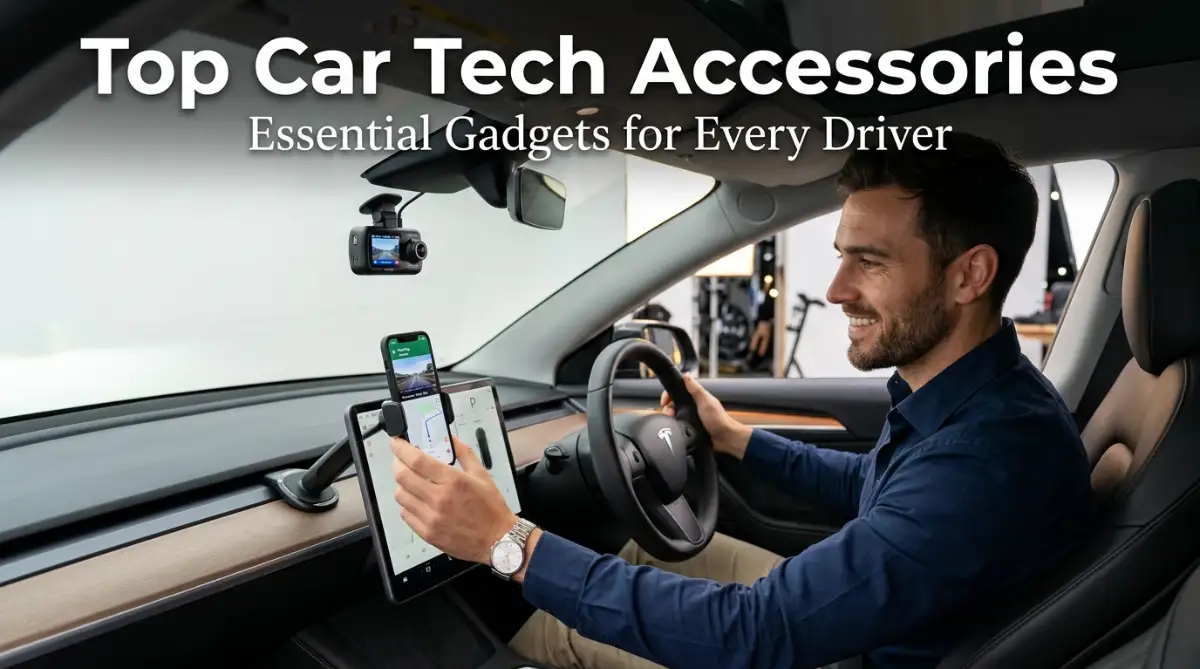 Smart young driver sitting inside a vehicle reviewing modern car tech accessories for safety and convenience